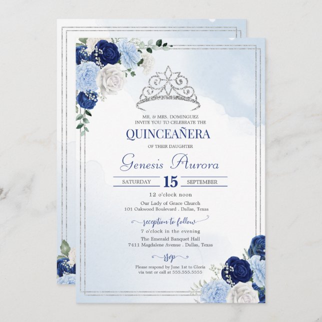 Convite Marinho Real Azul Prateado Rosa Flor Quinceañera (Frente/Verso)