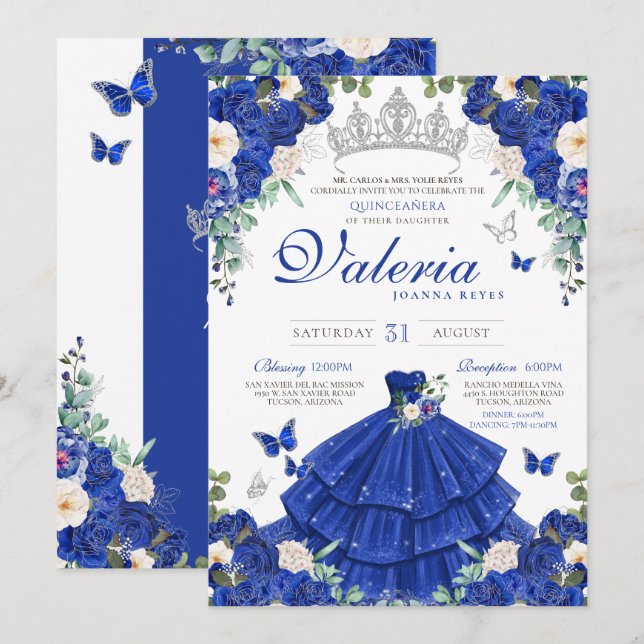 Convite Marinho Real Blue Silver Butterfly Princesa Aniver (Frente/Verso)