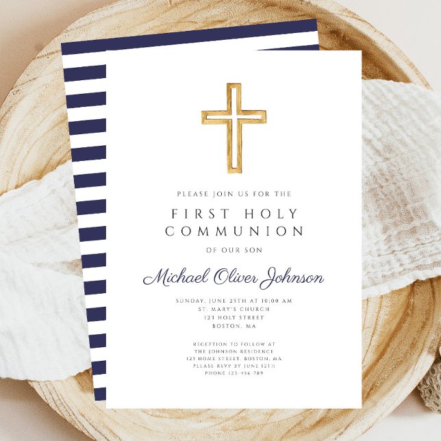 Convite Marinho religioso Blue Boy Primeira Comunhão (Navy Blue Stripes Boy First Communion Invitation)