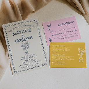 Convite Marinho Retrorna Azul Desenhado Casamento Funky Es