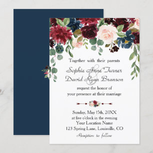 Convite Marinho Romântico de Merlot Blue Floral Casamento