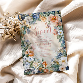 Convite Marinho romântico Pastel Wildflower Sweet 16