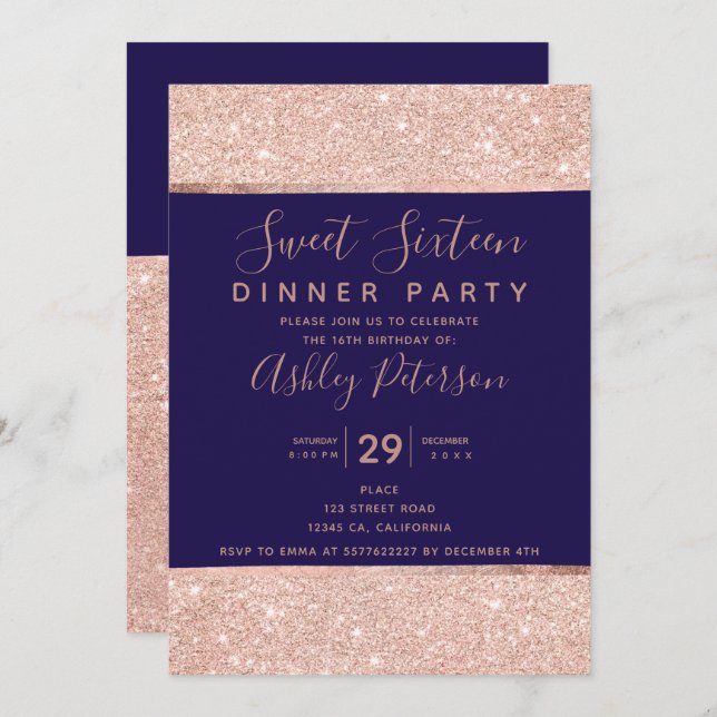 Convite Marinho - rosa dourada tipografia doce Dezesseis (Frente/Verso)