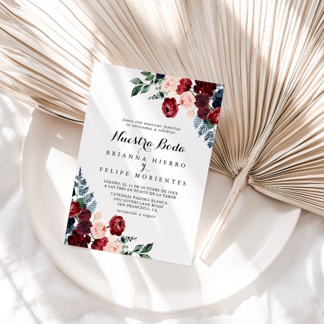 Convite Marinho Rosa Floral Nuestra Boda Casamento (Criador carregado)