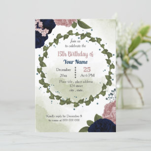 Convite marinho rosa flores festa de aniversário verde