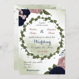 Convite marinho rosa flores verdes, matrimônio verde