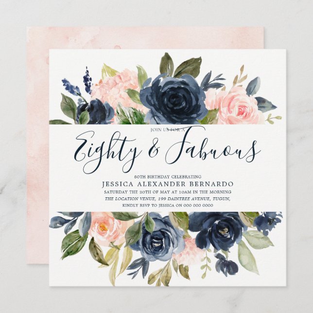 Convite Marinho rosa Flutuantes de Aquarela 80 Festa de an (Frente/Verso)