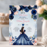 Convite Marinho Rosa Mis Quince Coroa Floral Quinceañera<br><div class="desc">Pink Mis Quince Marinho Azul Floral Silver Crown Quinceañera Convite 15 Anos Aniversário</div>