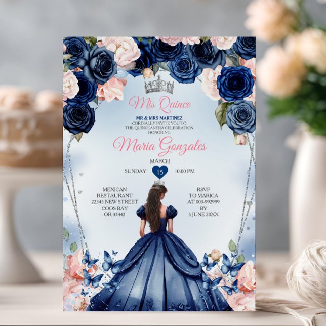 Convite Marinho Rosa Mis Quince Coroa Floral Quinceañera (Criador carregado)