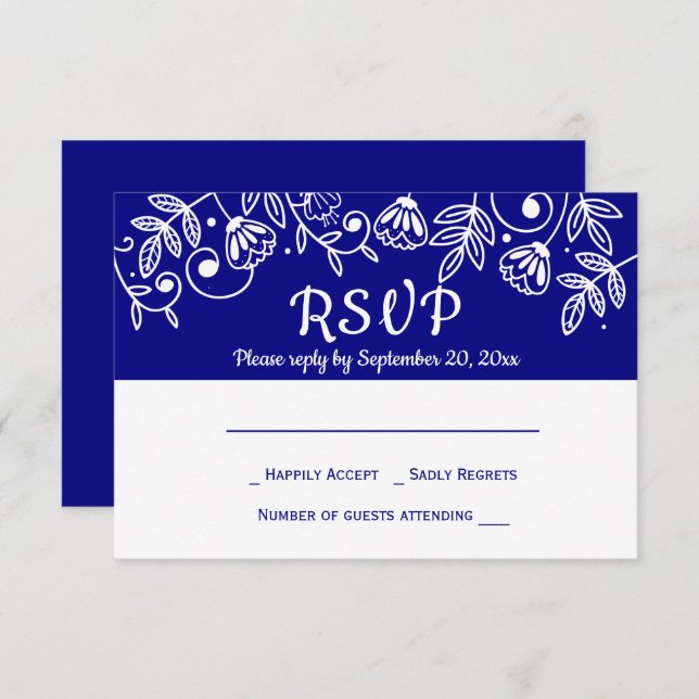 Convite Marinho RSVP Flores para casamentos Florais Azul P (Frente/Verso)