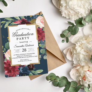Convite Marinho Russo Azul e Vermelho Floral Dourado