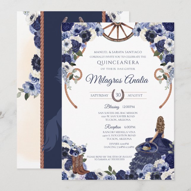 Convite Marinho Russo Blue Western Charro Quinceanera (Frente/Verso)