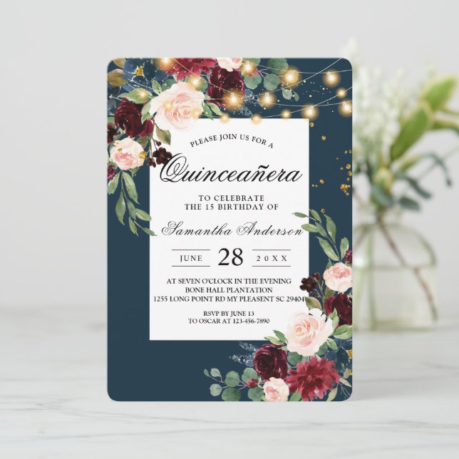 Convite Marinho Russo Borgonha Azul e Flores Vermelhas (Em pé/Frente)