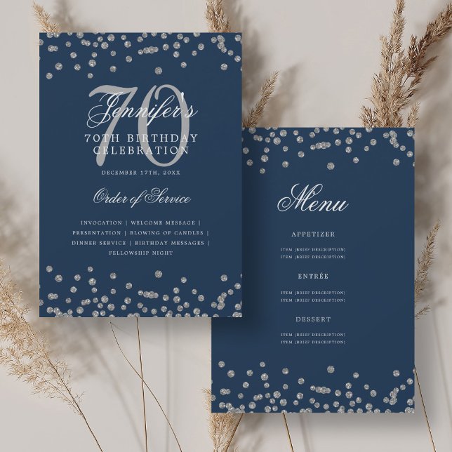 Convite Marinho Silver do menu do programa Aniversário do  (Elegant 70th Birthday Program Menu Silver Navy)