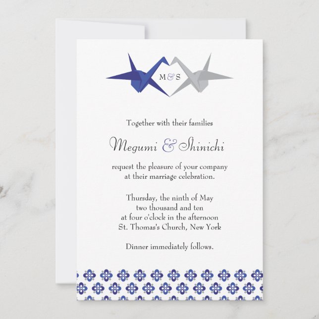 Convite Marinho / Silver Origami Cranes Casamento (Frente)
