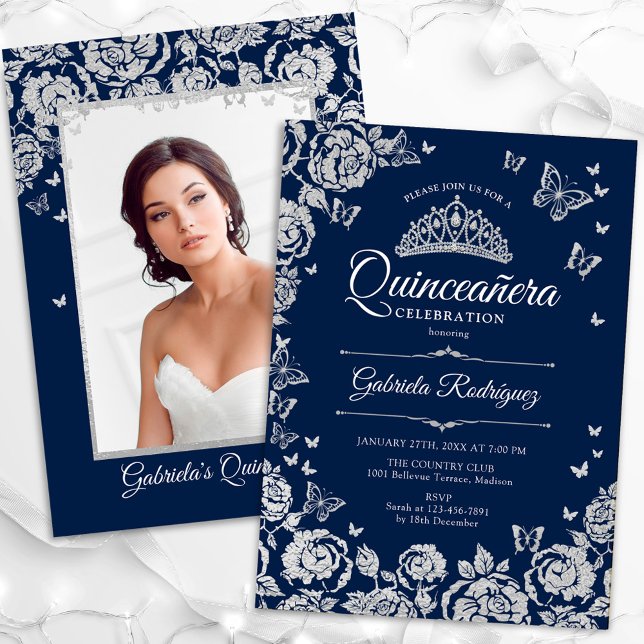 Convite Marinho Silver Rosas Borboletas Quinceanera Foto (Criador carregado)