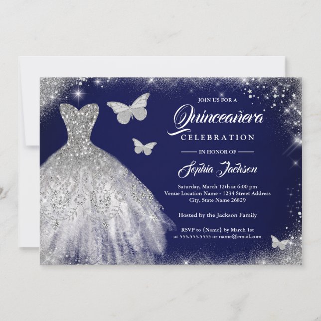 Convite Marinho Silver Sparkle Butterfly Quinceanera (Frente)