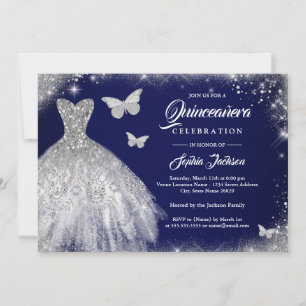 Convite Marinho Silver Sparkle Butterfly Quinceanera