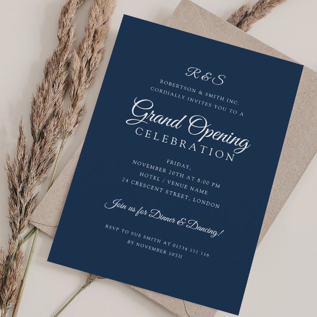Convite Marinho Simples de Monograma de Abertura Geral Cor (Corporate Grand Opening Simple Monogram Navy Invitation)