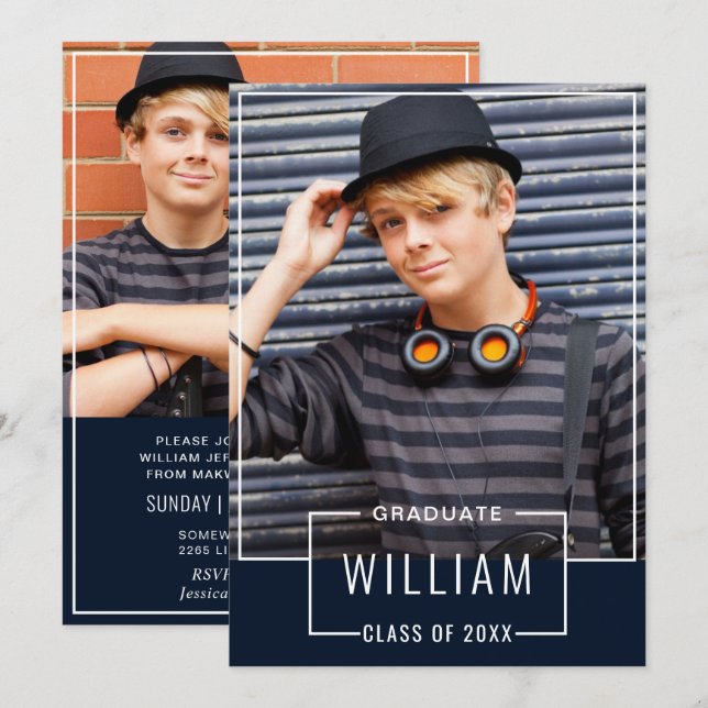 Convite Marinho Simples Moderno 2 Festa de formatura FOTO (Frente/Verso)