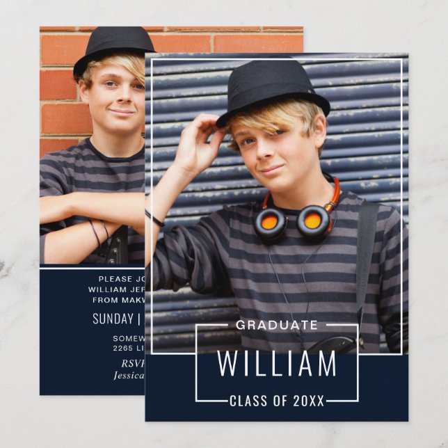 Convite Marinho Simples Moderno 2 Festa de formatura FOTO (Frente/Verso)