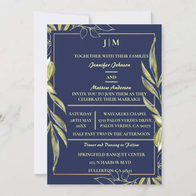 Convite Marinho Simples Moderno de Ramo de Oliveiras (Frente)