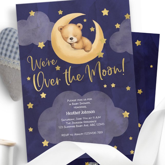 Convite Marinho Sobre a Lua Urso de Teddy Grelha Pequenas  (Teddy Bear, Over The moon Themed, Baby Shower Shower A7 Invitation.)