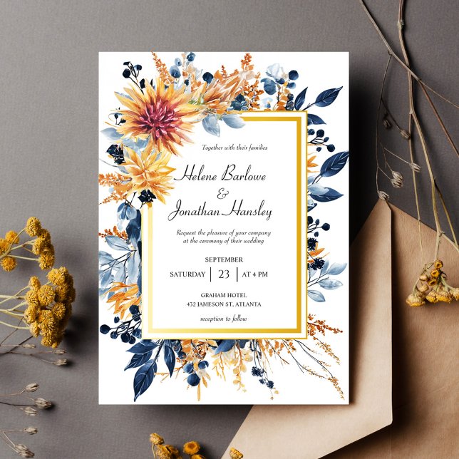 Convite Marinho Terracotta Rust Casamento Russo Floral Ele (Navy Terracotta Rust Elegant Floral Rustic Wedding Invitation)