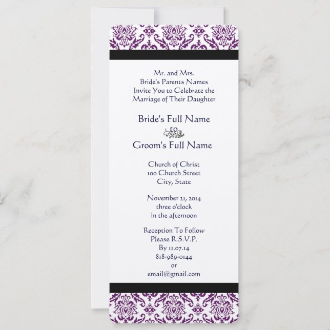 Convite Marinho Texto Roxo Damask Monograma Casamento (Frente)