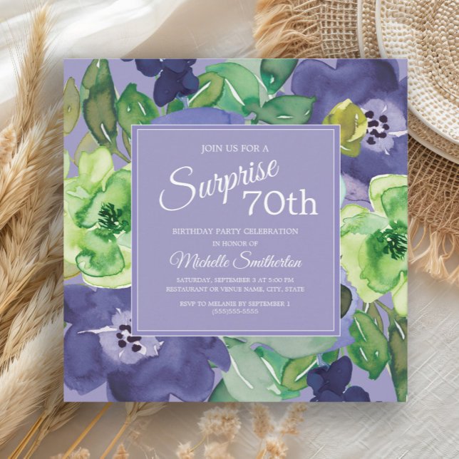 Convite Marinho Verde Roxo Aquarela 70 Floral (Blue watercolor floral and green leaves women's 70th birthday party invitation)