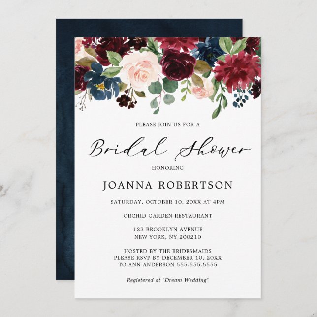 Convite Marinho Vermelho  Azul Chá de panela Floral (Frente/Verso)