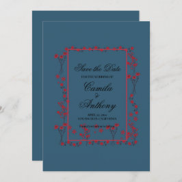 Convite Marinho Vermelho Borda Floral Casamento Salvar Dat