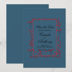 Convite Marinho Vermelho Borda Floral Casamento Salvar Dat