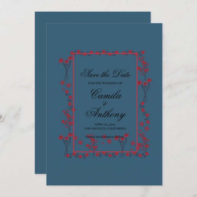 Convite Marinho Vermelho Borda Floral Casamento Salvar Dat (Frente/Verso)