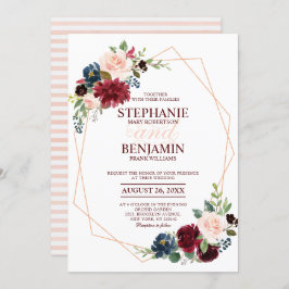 Convite Marinho Vermelho Floral casamento geométrico