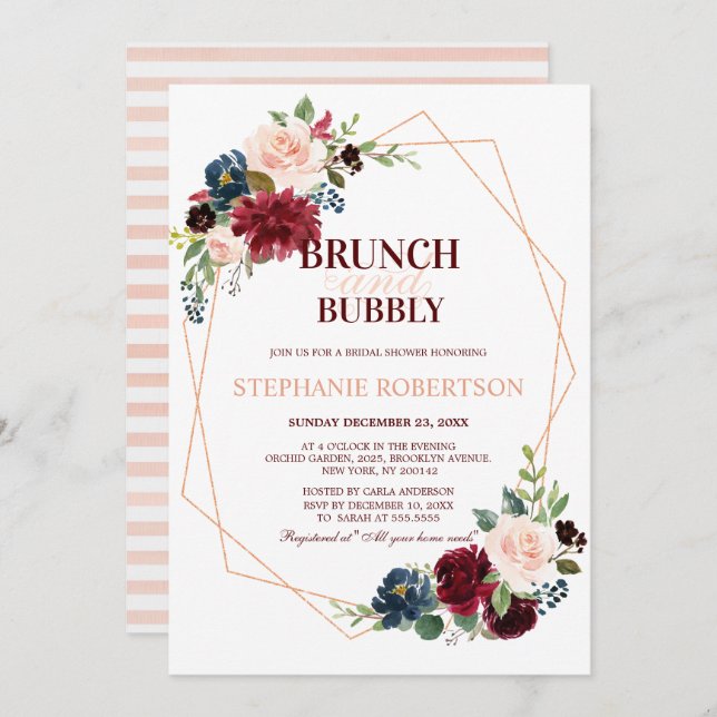 Convite Marinho Vermelho  Floral Chá de panela Geométrico (Frente/Verso)