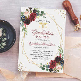 Convite Marinho Vermelho Floral Dourado Símbolo Médico Gra