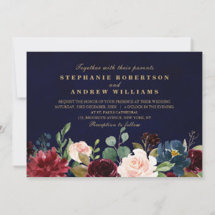 Convite Marinho Vermelho Floral Russo  Borgonha