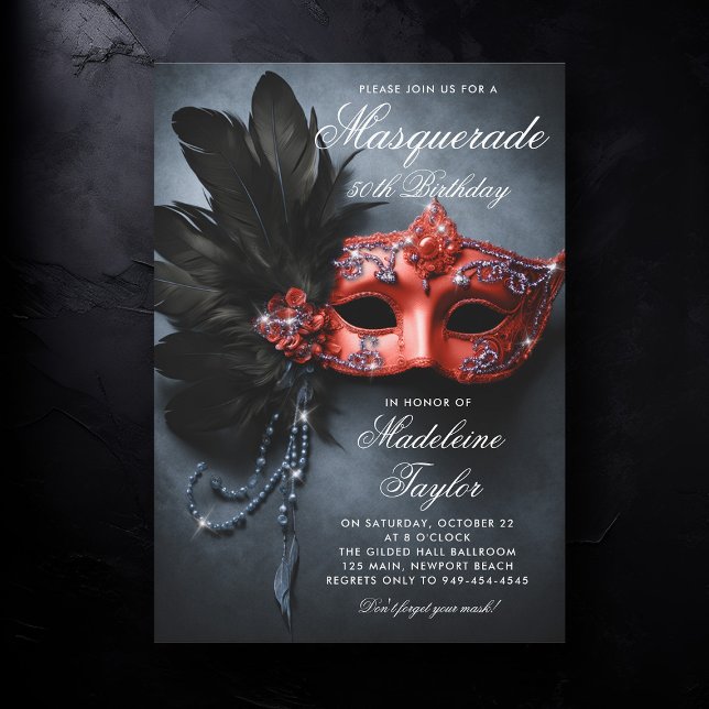 Convite Marinho Vermelho mascarada Black Silver 50º aniver (50th birthday invitation for women masquerade theme christmas red silver black navy elegant painting)