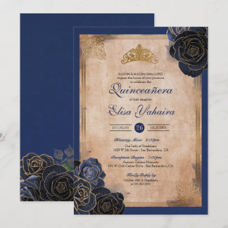 Convite Marinho Vintage Rosas Azuis Dourados Royal Quincea