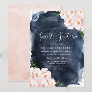 Convite Marinho Watercolor Belo Blush Floral Sweet 16