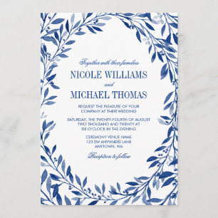 Convite Marinho Watercolor Laurel Wreath Wedding