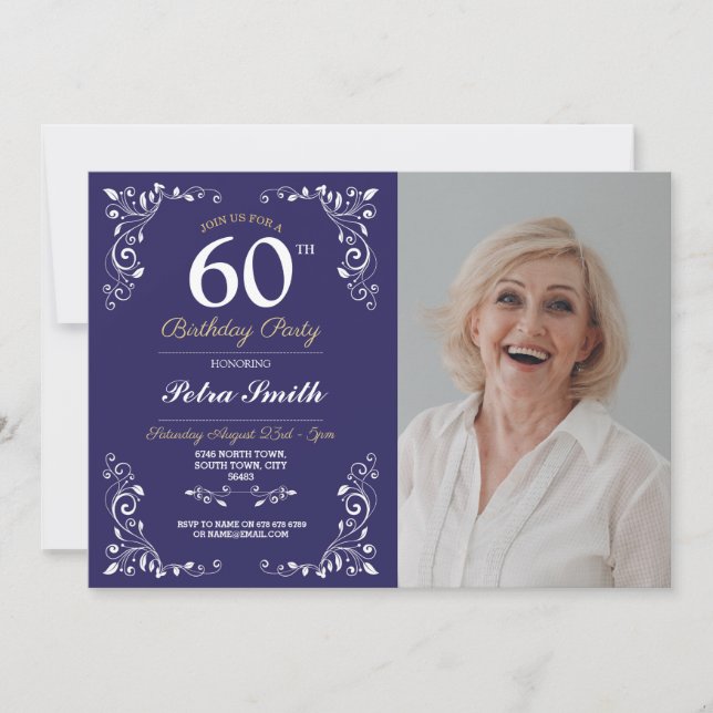 Convite Marinho White Birthday Womens Classy 60th Foto (Frente)