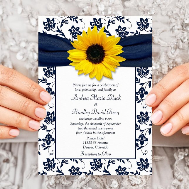 Convite Marinho White Damask Sunflower Invitation (Criador carregado)