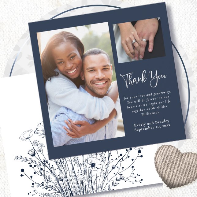 Convite Marinho White Floral Casamento Manuscrito Obrigado (Criador carregado)