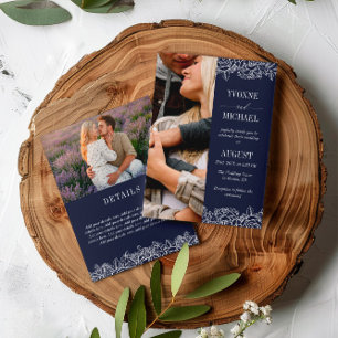 Convite Marinho White Rose Outlines 2 em 1 Foto Casamento