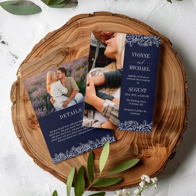 Convite Marinho White Rose Outlines 2 em 1 Foto de Casamen (Criador carregado)