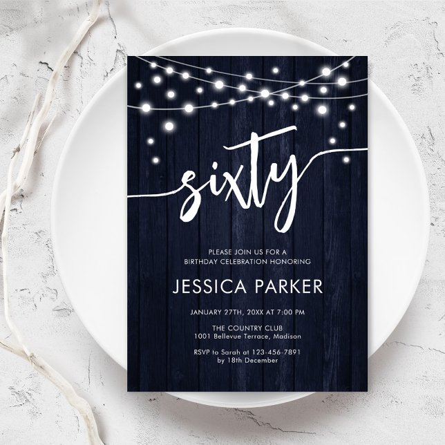 Convite Marinho White Rustic Wood 60th Festa de aniversári (Criador carregado)