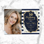 Convite Marinho White Stripes Foto Dourada 50º Aniversário<br><div class="desc">Elegante convite floral feminino para o 50º aniversário com sua foto. Design de cor rosa branca com marinho brilhante com ouro brilhante falso. Apresenta faixas marinho azul e branca, rosas, fonte de script e confetti. Perfeito para uma festa de comemoração de na moda adulto. Personalize com seus próprios detalhes. Pode...</div>