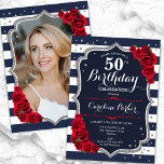 Convite Marinho White Stripes Red Silver Foto 50º Aniversá<br><div class="desc">Elegante convite floral feminino de 50 anos com sua foto no final do cartão. Design vermelho branco com marinho brilhante com prata brilhante falso. Apresenta faixas marinho azul e branca, rosas vermelhas, fonte de script e confetti. Perfeito para uma festa de comemoração de na moda adulto. Personalize com seus próprios...</div>